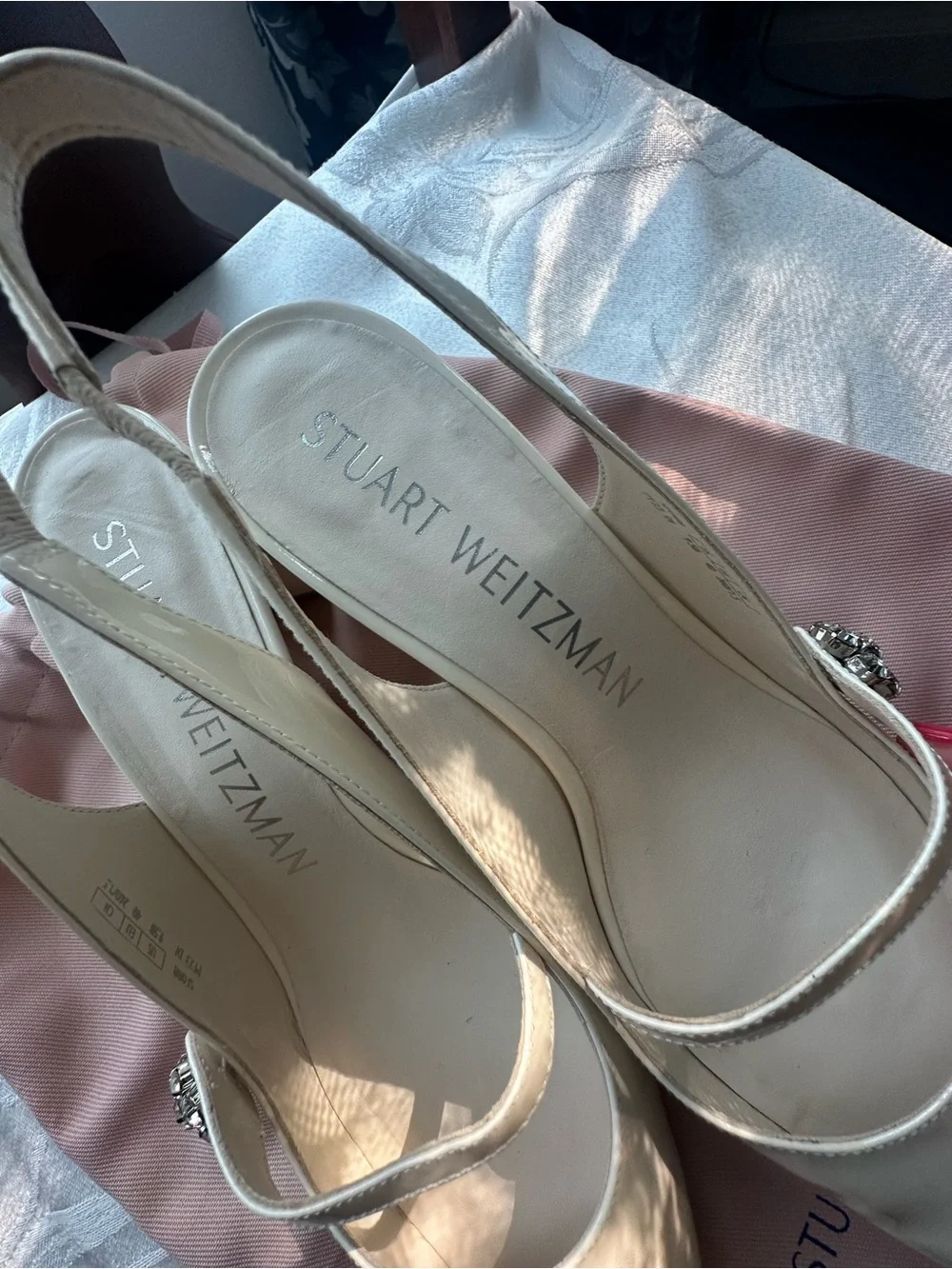 Stuart Weitzman XTALFLEUR Seashell Patent Leather Slingbacks